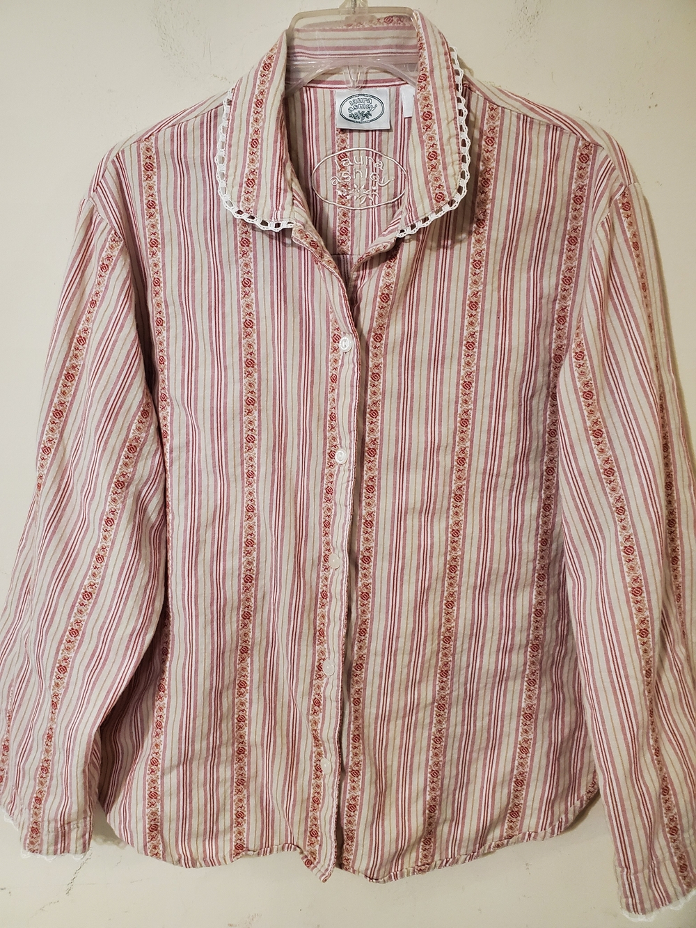Vintage Laura Ashley Pink and Cream Striped Lace-Trim Blouse Grannycore Cottage